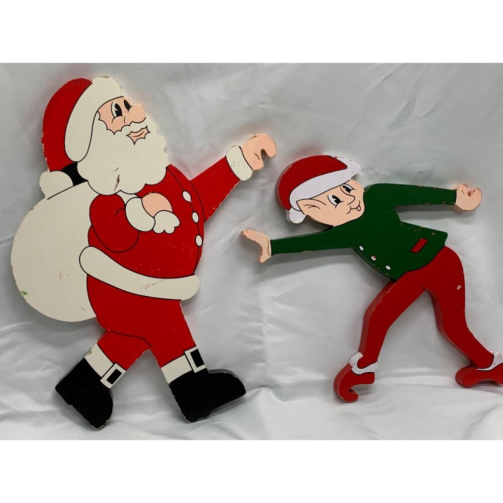 1989 Vintage NCE Wood Santa and Elf Hand-Painted Christmas Decorations